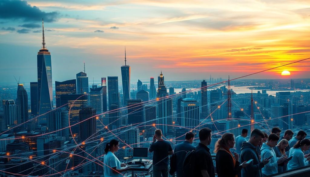 Prompt A bustling city skyline with towering skyscrapers and sleek high-rises, illuminated by the warm glow of evening light. In the foreground, a network of communication channels criss-cross the urban landscape, represented by a complex web of colorful cables, fiber optics, and satellite dishes. The middle ground features people of diverse backgrounds engaged in various forms of communication, using smartphones, laptops, and other digital devices. The background depicts a horizon filled with a vibrant sunset, casting a serene and contemplative mood over the scene. The overall composition conveys the idea of interconnectivity, technology, and the ever-evolving nature of modern communication.