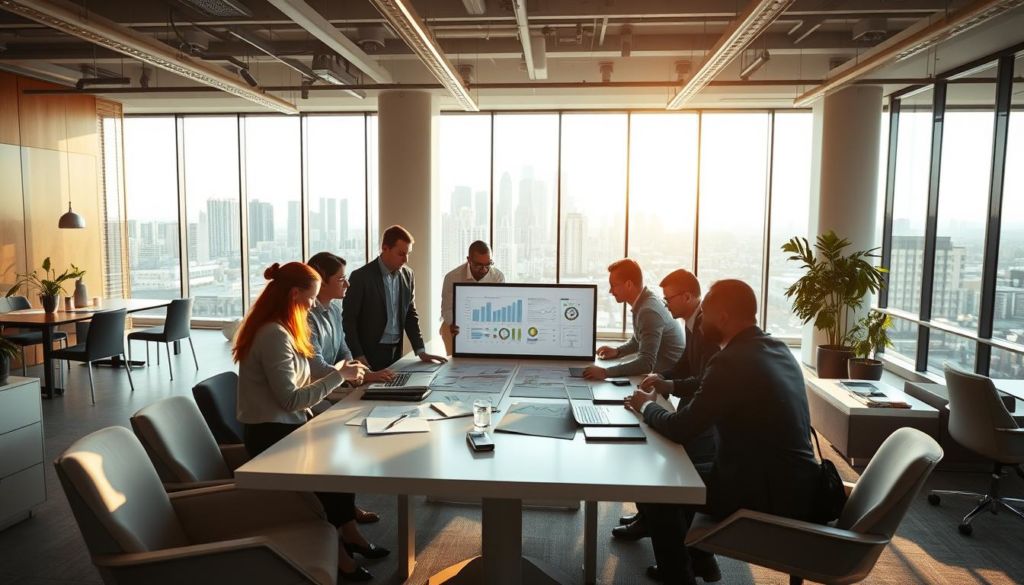 Prompt A collaborative workspace where teams from marketing and IT departments work together seamlessly. The foreground depicts professionals from both disciplines gathered around a large table, discussing plans and strategies on a screen. The middle ground showcases a modern, open-concept office with abundant natural light, sleek furniture, and minimalist decor. In the background, a city skyline is visible through floor-to-ceiling windows, suggesting a well-connected, urban setting. The overall atmosphere is one of productivity, open communication, and cross-functional alignment, captured through a cinematic, wide-angle lens with warm, natural lighting.