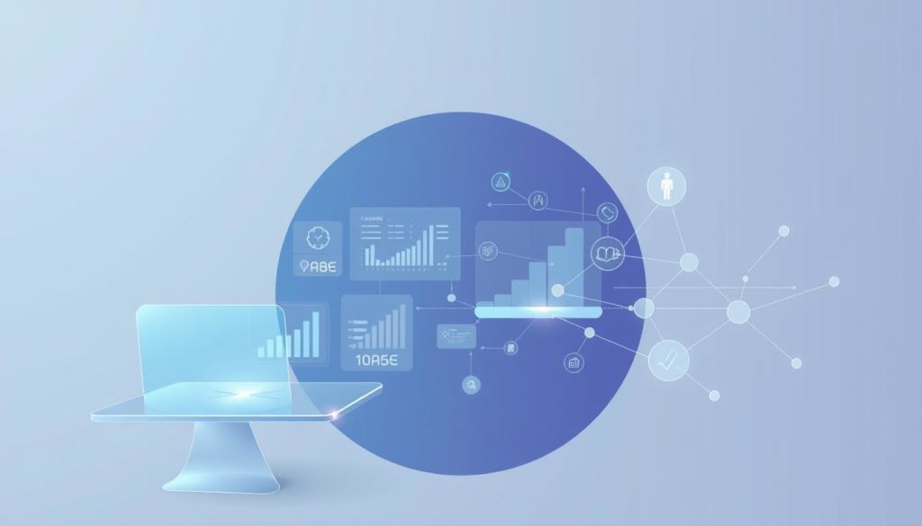 Prompt A modern, minimalist illustration depicting the integration of various healthcare software systems. In the foreground, a sleek, holographic user interface symbolizes the seamless connection between different SaaS platforms. In the middle ground, abstract data visualizations and interconnected nodes represent the flow of information between integrated systems. The background features a soft, muted color palette and simple geometric shapes, creating a sense of harmony and efficiency. The overall mood is one of technological sophistication, connectivity, and the optimization of digital healthcare management.