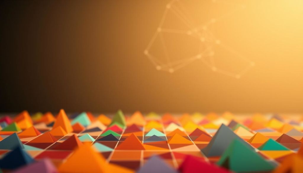 Segmentação comportamental: an elegant data visualization of consumer behavior patterns. Foreground depicts a grid of colorful geometric shapes, each representing a distinct user segment. Varied hues, sizes, and arrangements convey the diversity and nuances of the data. Midground showcases a fluid, abstract network of interconnected nodes, visualizing the complex relationships between segments. Soft, muted tones in the background create a sense of depth and thoughtfulness. Diffused lighting casts a warm, inviting glow, emphasizing the insightful, data-driven nature of the image. Captured with a wide-angle lens to provide a broad, comprehensive view of the behavioral segmentation landscape.