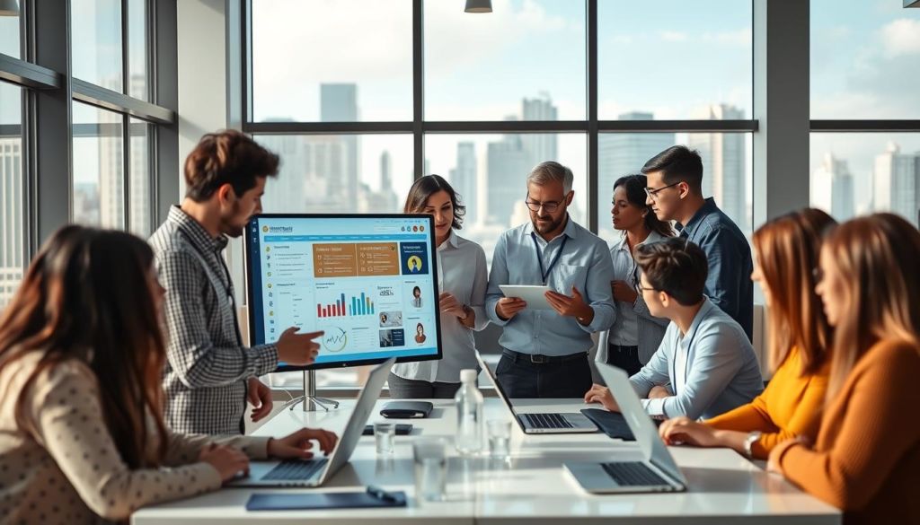 Segmentation of a diverse audience, with individuals from different backgrounds and demographics, engaged in targeted marketing activities. A clean, modern office setting with large windows, allowing natural light to flood the space. In the foreground, a team of marketing professionals reviewing customer data and segmentation strategies on a large interactive display. In the middle ground, employees collaborate on laptops, discussing personalized campaigns. The background showcases a cityscape, emphasizing the urban, vibrant atmosphere. The scene conveys a sense of professionalism, efficiency, and the importance of data-driven, permission-based marketing approaches.