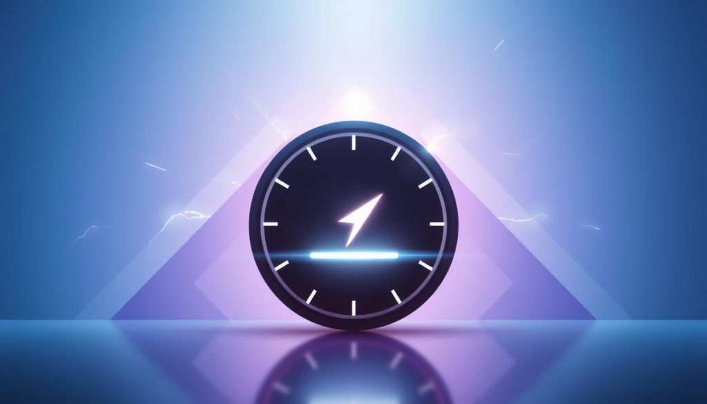 Sleek and futuristic website interface depicting lightning-fast loading speed. A central loading bar or meter dominates the foreground, pulsing with electric energy against a minimalist backdrop of abstract geometric shapes and gradients in shades of blue, purple, and white. Bright rays of light radiate outward, conveying a sense of dynamism and technological prowess. The overall composition suggests the power and efficiency of a well-optimized website, ready to captivate and engage the user. Crisp, high-contrast lighting casts dramatic shadows, heightening the sense of depth and technological sophistication.