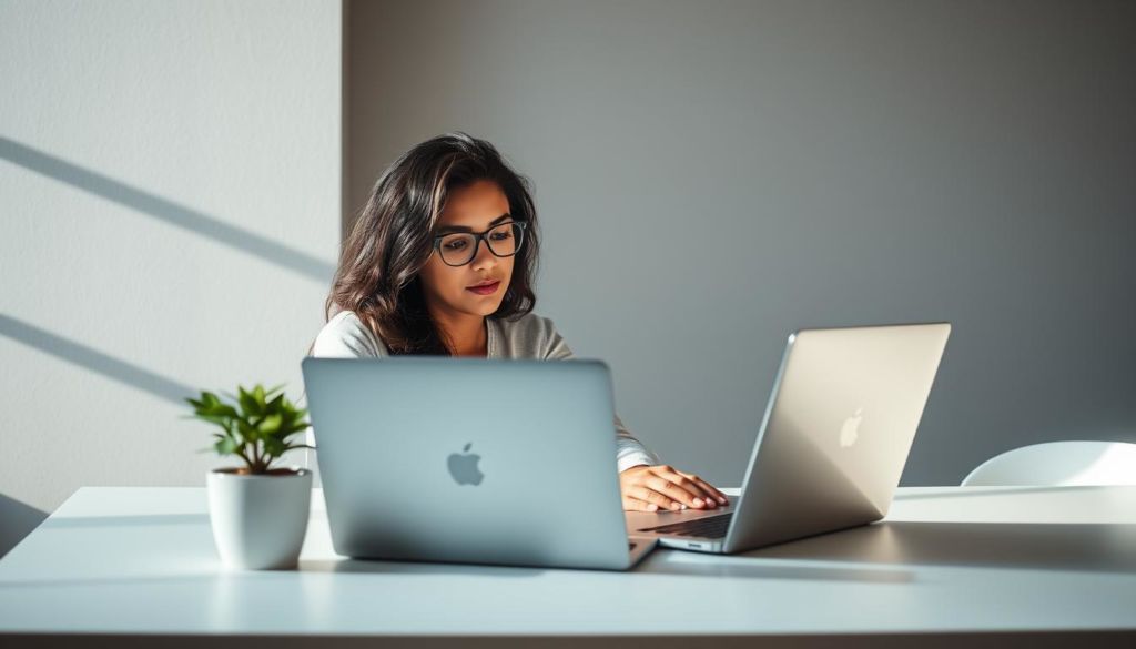 Soft natural lighting illuminates a serene workspace, where a creative professional thoughtfully crafts digital content. Surrounded by a minimalist desk, a sleek laptop, and a potted plant, the person's focused gaze reflects the intensity of their task - curating visually appealing, informative, and engaging material to elevate the brand's online presence. In the background, a muted gray wall provides a clean canvas, allowing the subject's work to take center stage. The overall composition evokes a sense of productivity, creativity, and a commitment to quality content creation.