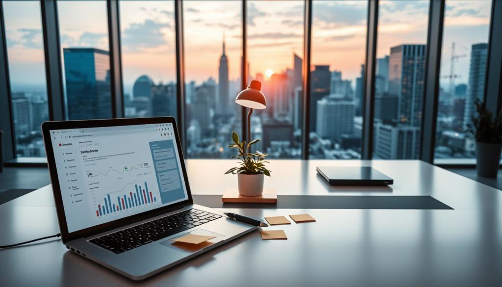 Strategies for Implementing Automation. A serene, well-lit office interior with a large desk and modern office equipment. The foreground features an open laptop displaying a digital marketing dashboard, accompanied by a stylus and a thoughtfully arranged array of sticky notes. In the middle ground, a potted plant and a minimalist desk lamp subtly illuminate the workspace. The background showcases floor-to-ceiling windows offering a panoramic view of a bustling city skyline, bathed in the soft glow of the setting sun. The overall atmosphere conveys a sense of focus, efficiency, and a strategic approach to digital marketing automation.