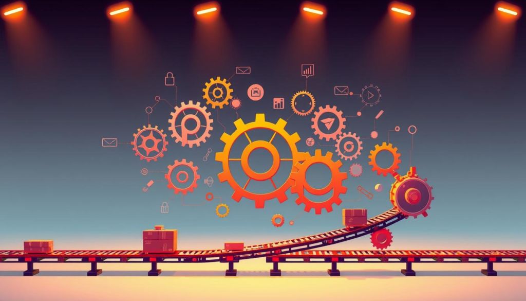Strategies to Reduce Lead Time: a vibrant digital illustration showcasing an array of interconnected gears, conveyor belts, and logistical icons against a clean, minimalist background. Warm, focused lighting illuminates the mechanical components, creating depth and emphasizing their intricate, interrelated nature. The composition balances technical precision with a sleek, modern aesthetic, visually communicating the article's theme of optimizing business processes for efficiency and agility.