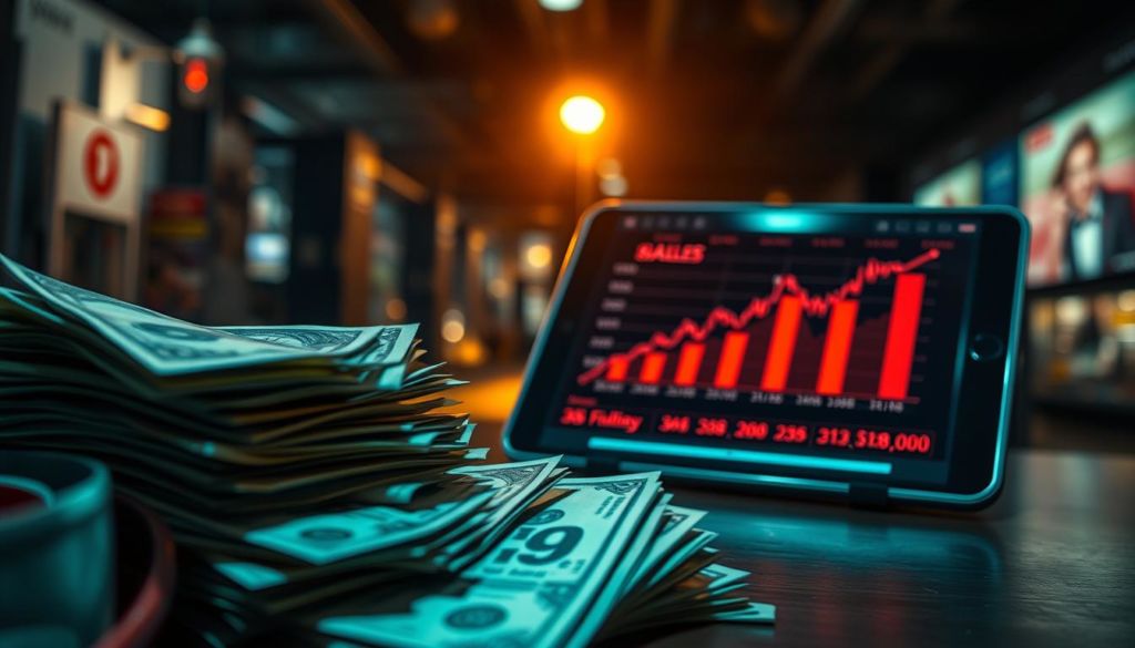 Urgent sales, a dynamic scene of high-pressure commerce. In the foreground, a stack of currency bills, crumpled and hastily exchanged, conveying a sense of frenetic activity. In the middle ground, a tablet displaying a graph with rapidly climbing sales figures, illuminated by a warm, focused spotlight. The background is a blurred cityscape, hinting at the broader economic landscape driving this urgency. The lighting is dramatic, with sharp contrasts and shadows, creating a sense of tension and immediacy. The overall composition suggests a need for speed, a narrow window of opportunity that must be seized. The mood is one of heightened anticipation and the pressure to act quickly.