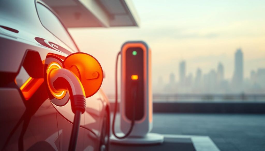 Vibrant and dynamic image showcasing "fast AMP charging". A sleek electric vehicle in the foreground, its charging port glowing with a warm, amber hue as it rapidly juices up its battery. In the middle ground, a modern, minimalist charging station with futuristic design elements. The background features a clean, urban cityscape bathed in soft, diffused lighting, suggesting a sustainable, technologically-advanced environment. Emphasis on the speed and efficiency of the AMP charging process, capturing the intersection of advanced electric mobility and renewable energy infrastructure.