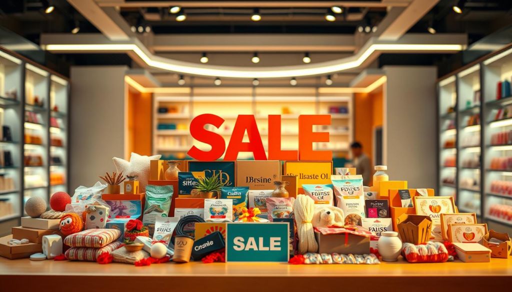 Vibrant and engaging promotional display showcasing an array of alluring product offers. A captivating foreground featuring an elegantly arranged spread of discounted merchandise, with thoughtfully curated props and textures to draw the viewer's attention. The middle ground suggests a modern retail environment, with sleek shelving and clean lines creating a visually striking backdrop. Soft, diffused lighting casts an inviting glow, evoking a sense of warmth and excitement. The overall composition exudes a sense of dynamism and visual harmony, enticing the observer to explore the enticing promotional deals on offer.