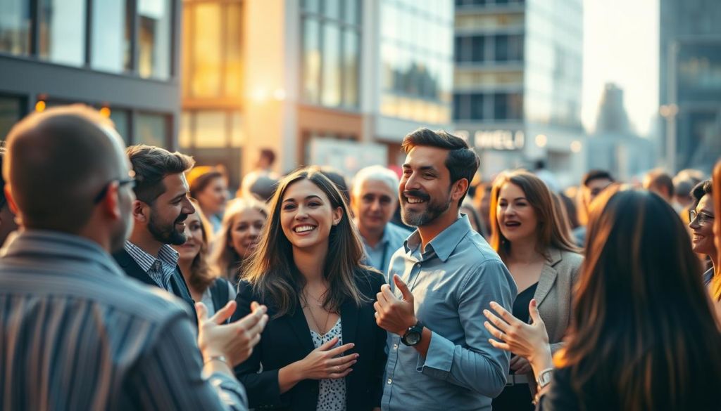 Vibrant crowd of people engaged in lively conversation, gesturing animatedly and exchanging ideas. Warm, natural lighting illuminates the scene, creating a sense of energy and connection. The background features a stylish urban setting with modern architecture, hinting at a professional setting. In the foreground, a few individuals stand out, their expressions and body language conveying the power of word-of-mouth marketing. The overall composition guides the viewer's attention to the heart of the image - the human interactions that drive successful buzz-building campaigns.