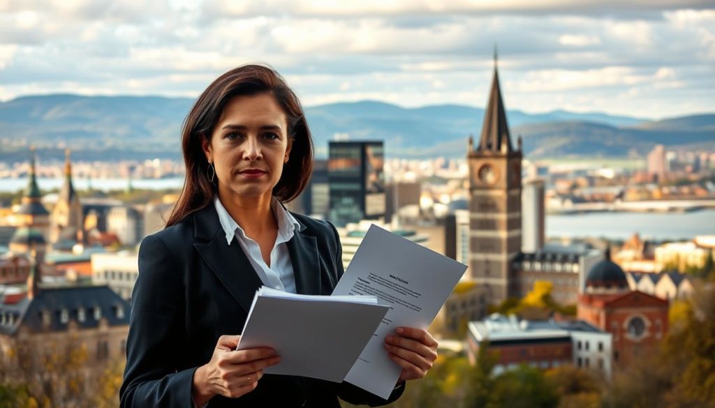 Visto profissional no Quebec: a professional working permit set against the backdrop of Quebec's vibrant cityscape. In the foreground, a serious-looking business person holds official documents, conveying the seriousness and legality of the process. The midground reveals the city's iconic architecture, including historic buildings and modern skyscrapers, symbolizing the diverse opportunities available. The background showcases the region's natural beauty, with the Saint Lawrence River and rolling hills in the distance, creating a sense of balance between urban and rural elements. The lighting is warm and inviting, conveying an atmosphere of professionalism and opportunity. The image is captured with a medium-wide lens, providing a comprehensive view of the scene.