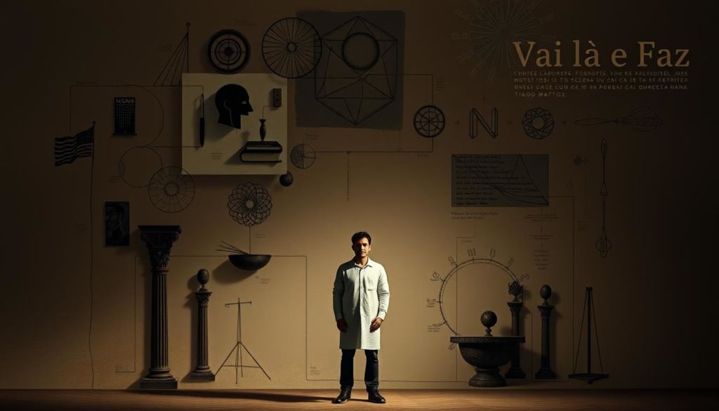 a detailed, critical analysis of the content and themes in the book "Vai lá e Faz" by Tiago Mattos, with a contemplative yet analytical atmosphere. A central figure, representing the book's core ideas, stands in the foreground, framed by an abstract background in muted, earthy tones. The figure appears to be deep in thought, surrounded by symbolic elements and visual metaphors that convey the nuanced, multifaceted nature of the book's content. The lighting is soft and dramatic, creating a sense of introspection and intellectual engagement. The composition is balanced and harmonious, guiding the viewer's eye through the layered visual narrative.