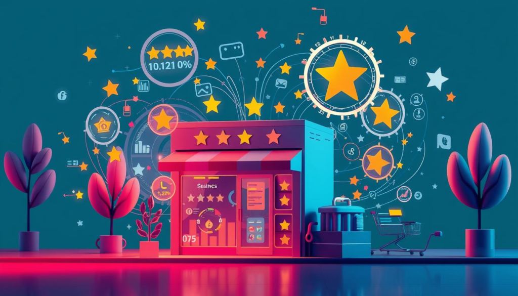 a detailed digital illustration depicting the influences of customer reviews and ratings on sales, with a focus on the importance of positive evaluations for business growth. The scene should feature a central storefront or ecommerce website, surrounded by swirling data visualizations and icons representing customer reviews, star ratings, and sales figures. The overall mood should convey a sense of dynamism, connectivity, and the critical role that online feedback plays in driving commercial success. Utilize a vibrant, clean color palette and sharp, photorealistic rendering to craft an impactful, visually engaging scene.