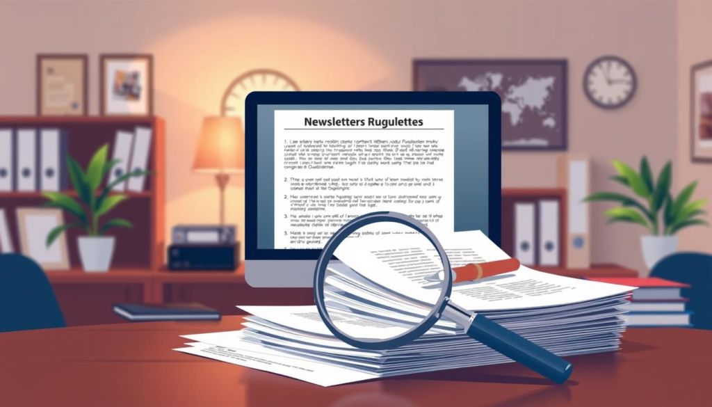 a detailed illustration of compliance regulations for digital newsletters, featuring a stack of legal documents, a magnifying glass, and a computer screen displaying newsletter design guidelines, all set against a backdrop of a professional office environment with a warm, muted color palette, soft lighting, and a sense of order and organization, captured from a slightly elevated angle to convey a sense of authority and importance.
