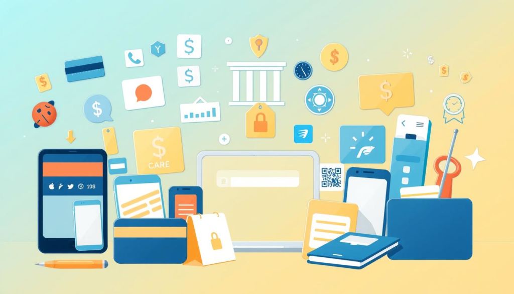 a detailed illustration of online payment methods, featuring various payment icons, cards, and digital wallets arranged in a dynamic and visually appealing composition. The foreground showcases a diverse array of payment options, including credit cards, e-wallets, and mobile payment apps, all rendered in a clean, contemporary style with a focus on clarity and functionality. The middle ground introduces supporting elements like secure transaction symbols, QR codes, and banking imagery, creating a sense of seamless digital integration. The background sets a subtly gradient-based scene, evoking a modern, tech-savvy atmosphere that reinforces the theme of online payments. The overall mood is one of efficiency, innovation, and financial security, reflecting the practical nature of the "Pagamentos on line" section.