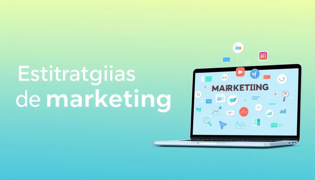 a digital marketing strategy blueprint with modern typography, clean graphic elements, and vibrant colors. in the foreground, a laptop screen displays various digital marketing icons and symbols, such as social media platforms, search engines, email, and analytics. in the middle ground, abstract geometric shapes and lines suggest data visualization and interconnectivity. the background features a soft gradient in shades of blue and green, evoking a sense of technology, innovation, and forward momentum. the overall composition is minimalist and elegant, creating a visually striking and informative illustration of "estratégias de marketing digital".