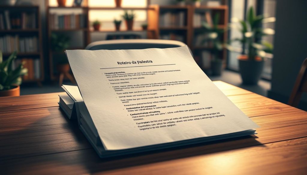 a highly detailed digital illustration of a presentation outline or "roteiro da palestra" on a wooden desk. The outline is organized into clear sections with bullet points and subtitles, displayed on a textured paper document. The desk is illuminated by warm, directional lighting, casting subtle shadows and highlighting the materials. In the background, a blurred office environment with bookshelves and potted plants creates a professional, contemplative atmosphere. The overall composition conveys a sense of structure, focus, and thoughtful preparation for an impactful motivational presentation.