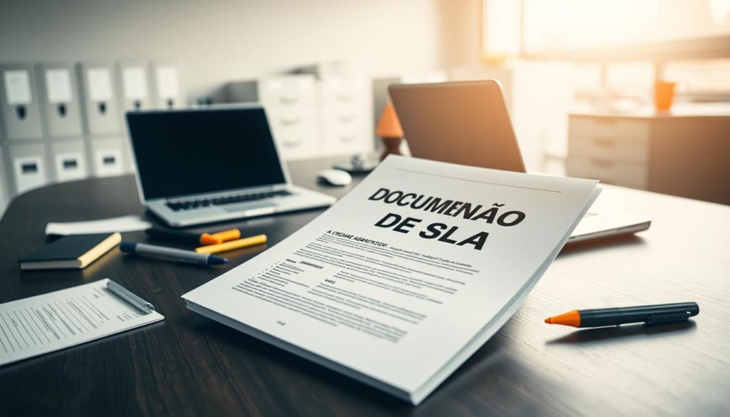 a highly detailed, wide-angle shot of a service level agreement document, with the title "DOCUMENTAÇÃO DE SLA" prominently displayed on the front page. The document is positioned on a sleek, modern office desk, surrounded by a variety of office supplies, such as pens, highlighters, and a laptop computer. The lighting is soft and diffused, creating a professional and authoritative atmosphere. The desk is made of dark wood, and the background is a neutral, clean-cut office environment, with hints of organizational systems and filing cabinets visible in the distance. The overall composition conveys a sense of importance, attention to detail, and the careful management of critical business documentation.