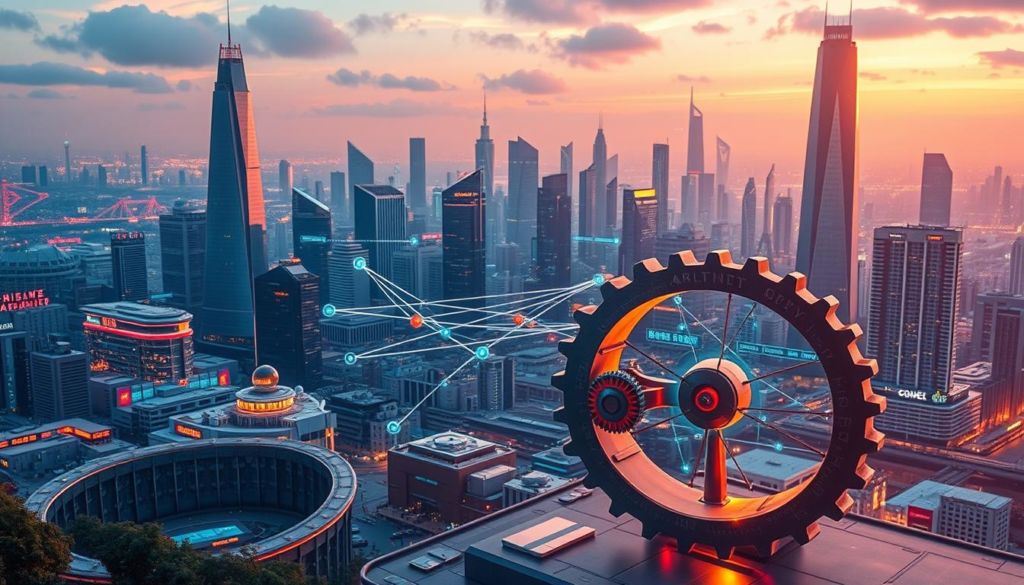 a vibrant digital landscape depicting the concept of marketing automation, showcasing a dynamic flywheel in the foreground, with gears and cogs seamlessly integrating various marketing components such as lead generation, nurturing, and conversion optimization. The middle ground features a network of interconnected data streams and analytics dashboards, visualizing the flow of information and insights that power the automated marketing processes. In the background, a futuristic cityscape with towering skyscrapers and bustling technology hubs sets the stage for this sophisticated, AI-driven marketing ecosystem. The scene is illuminated by a warm, ambient lighting, casting a soft, inviting glow over the entire composition, conveying a sense of efficiency, innovation, and forward-thinking marketing strategies.