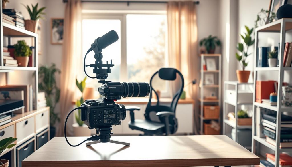 a vibrant, well-lit vlog setup in a cozy, inviting home office. in the foreground, a professional-grade camera and microphone sit atop a sturdy, minimalist desk, ready to capture high-quality footage. the middle ground features an ergonomic office chair, surrounded by shelves stocked with books, plants, and other decorative elements that infuse the space with warmth and personality. the background showcases a large window overlooking a tranquil, sun-dappled outdoor scene, creating a sense of openness and inspiration. the overall mood is one of focus, creativity, and a welcoming atmosphere conducive to productive vlogging.