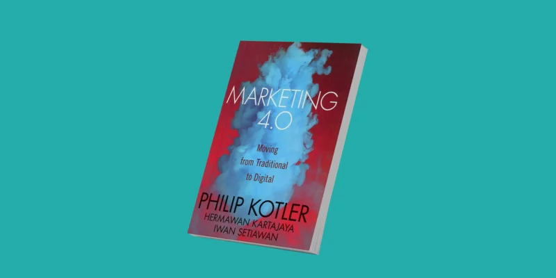 Arte da Ideal Marketing com a capa do Livro Marketing 4.0, de Philip Kotler, com um fundo azul claro.
