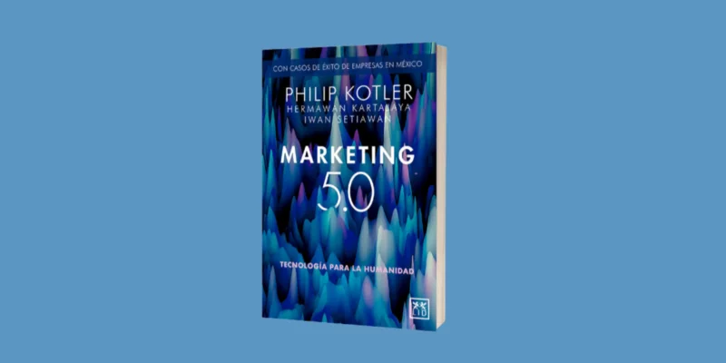 Arte da Ideal Marketing com a capa do livro Marketing 5.0, de Philip Kotler, em um fundo azul-bebê