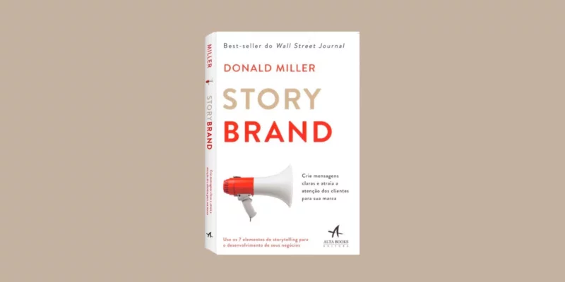 Arte da Ideal Marketing com a capa do livro Story Brand, de Donald Miller, em um fundo marrom claro
