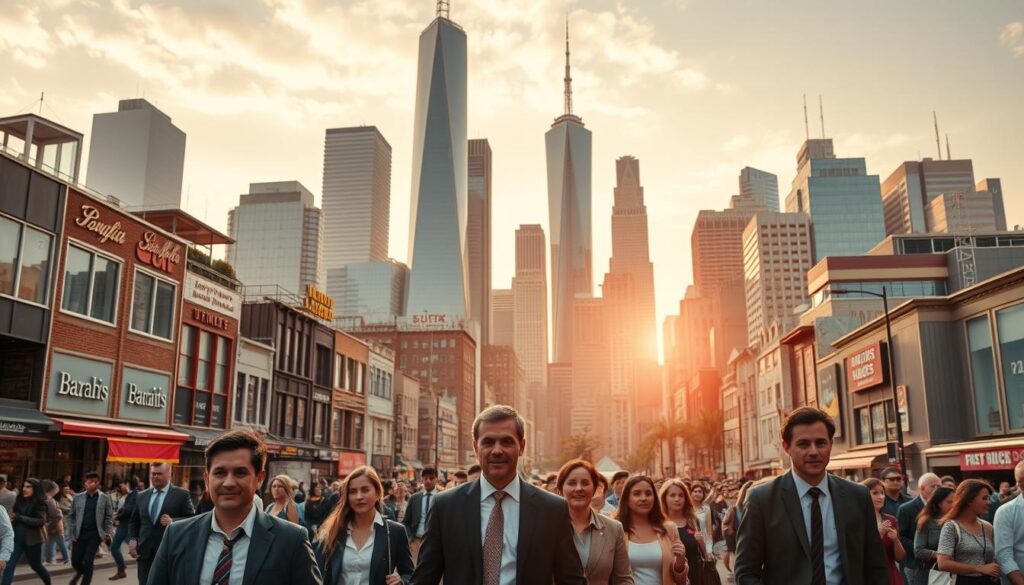 A bustling cityscape with a dynamic, ever-changing skyline. In the foreground, a group of businesspeople navigate the crowded streets, their expressions reflecting a sense of adaptability and resilience. The middle ground showcases a diverse array of shops, offices, and restaurants, each facade conveying the versatility of the urban landscape. In the background, towering skyscrapers pierce the sky, symbolizing the rapid evolution of the market. Warm, golden lighting filters through the scene, casting a sense of optimism and opportunity. The overall atmosphere exudes a blend of hustle, innovation, and the ability to thrive in the face of constant change.
