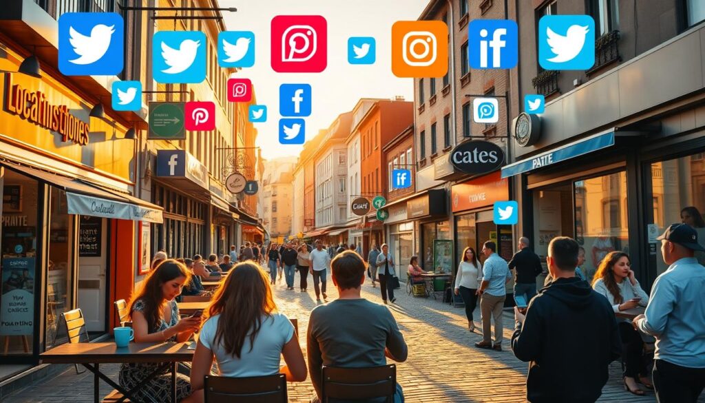 A bustling local business district, with vibrant social media icons and logos floating above storefronts and signage. The scene is bathed in warm, golden afternoon light, casting long shadows across the cobblestone streets. In the foreground, a group of friends are gathered around a cozy outdoor café, smartphones in hand, engaging with local business profiles on various social platforms. The middle ground features local shop owners enthusiastically posting updates and interacting with customers online, while the background showcases a mix of traditional and modern architecture, highlighting the integration of digital and physical worlds in this thriving neighborhood.
