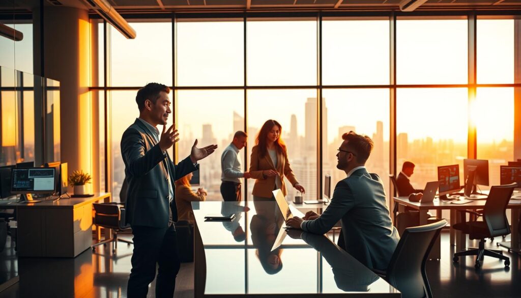 A bustling office scene, illuminated by warm, diffused lighting from large windows. In the foreground, a salesperson stands confidently, gesturing as they engage with a client seated across a sleek, modern desk. The middle ground reveals a team of professionals collaborating at their workstations, surrounded by dynamic displays and charts. In the background, a panoramic city skyline sets the stage, hinting at the broader context of the sales strategies being discussed. An atmosphere of professionalism, energy, and purpose pervades the space, capturing the essence of effective sales techniques.