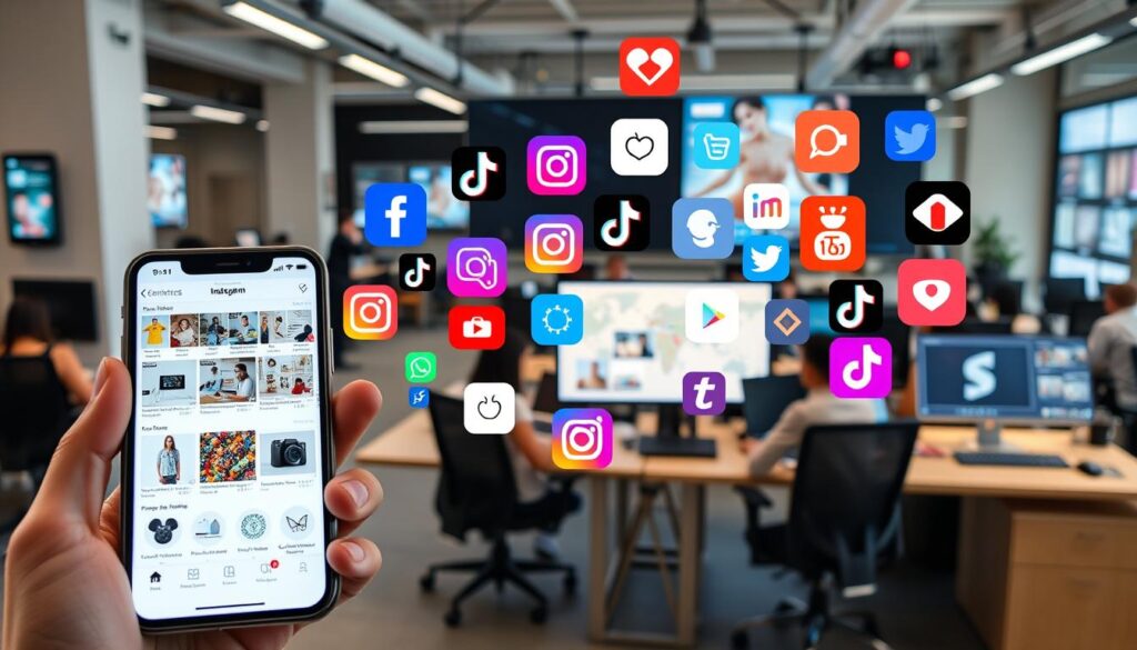 A bustling social media marketplace, with a dynamic display of online sales channels. In the foreground, a sleek smartphone showcases an e-commerce app, its interface brimming with product images and intuitive shopping features. In the middle ground, a diverse array of social media platforms - from Instagram to TikTok - serve as vibrant digital storefronts, their logos and interfaces blending seamlessly. The background depicts a modern, tech-savvy office setting, with computers, tablets, and digital screens showcasing real-time sales data and analytics. The overall scene conveys a sense of efficiency, connectivity, and the power of leveraging social media to drive business growth and increase sales.