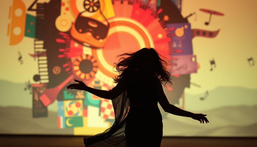 A captivating music video narrative unfolds, showcasing a harmonious fusion of visuals and sound. In the foreground, a expressive dancer gracefully moves to the rhythmic melody, their movements conveying the emotive power of the music. The middle ground features a vibrant, dynamic backdrop - a collage of abstract shapes and colorful patterns that dance and pulse in sync with the soundtrack. The lighting casts a warm, cinematic glow, creating an immersive atmosphere that draws the viewer into the narrative. In the background, a hazy, ethereal landscape provides a dreamlike setting, further enhancing the emotional resonance of the scene. The overall composition conveys a sense of harmony, movement, and the integral role music plays in elevating the storytelling experience.