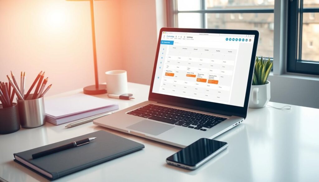 A clean, minimalist desk with a laptop, smartphone, and various office supplies. The laptop screen displays an email marketing campaign scheduler, with a clean interface and intuitive layout. Warm, natural lighting filters through a window, casting a soft glow on the setup. The overall scene conveys a sense of productivity, organization, and a focus on strategic email marketing planning. The image should effectively illustrate the "Cronograma de envios" section of the article.