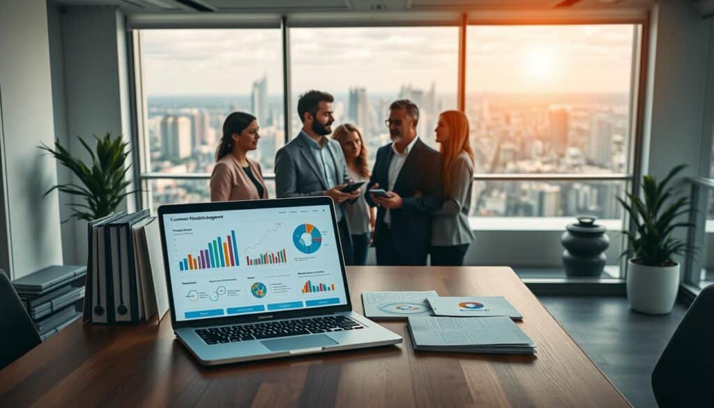 A comprehensive summary of the benefits of Customer Relationship Management (CRM) unfolds against a backdrop of a sleek, modern office setting. In the foreground, a polished wooden desk hosts a laptop displaying visuals and statistics, flanked by neatly organized files and documents. The middle ground features a team of professionals engaged in a collaborative discussion, their expressions conveying a sense of understanding and appreciation for the CRM system's impact. The background showcases a panoramic view of a bustling cityscape, symbolizing the far-reaching benefits of effective customer relationship management. Soft, directional lighting casts a warm, professional glow, and the composition is framed by clean, minimalist architectural elements, creating an atmosphere of efficiency, progress, and the successful application of CRM principles.