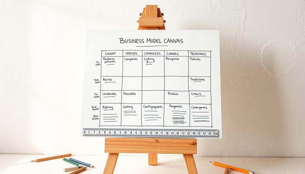 A detailed, hand-drawn business model canvas against a textured, off-white background. The canvas is displayed on an easel, with a ruler, pencils, and other sketching tools scattered around. The canvas shows a meticulously laid out grid, with each section clearly defined and labeled. The overall scene conveys a sense of careful planning, diligence, and a thoughtful approach to business strategy. Soft, natural lighting illuminates the workspace, creating a warm, contemplative atmosphere.