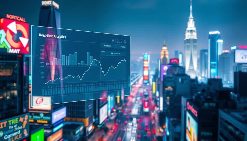 A digital analytics dashboard hovers over a vibrant, colorful cityscape, showcasing the interconnectedness of digital marketing and data-driven decision making. In the foreground, a sleek, holographic interface displays real-time metrics, graphs, and insights, casting a soft, ambient glow. The middle ground features towering skyscrapers, neon-lit billboards, and bustling streets, representing the dynamic digital landscape. In the background, a glowing, futuristic skyline sets the tone for a forward-thinking, technology-driven world. The scene is bathed in a cool, teal-tinged lighting, creating a sense of precision and innovation. The overall atmosphere conveys the power of leveraging digital analytics to enhance and optimize marketing strategies in the modern, data-driven era.