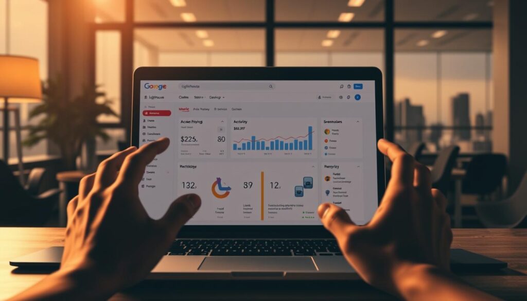 A dimly lit office interior, with a laptop displaying the Google Lighthouse dashboard. In the foreground, a pair of hands gesturing towards the screen, highlighting accessibility features and metrics. The middle ground features an abstract representation of accessibility symbols, such as ramps, tactile paving, and screen readers. The background showcases a cityscape, representing the diverse users and devices that access the website. Warm, muted tones create a thoughtful, focused atmosphere, emphasizing the importance of web accessibility.