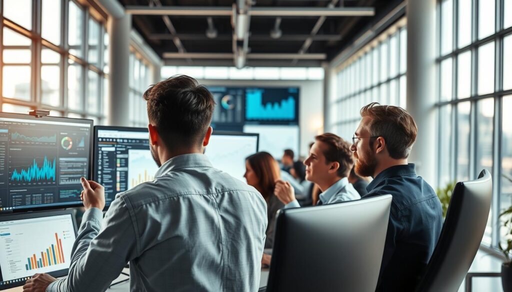A dynamic, highly detailed business scene depicting the implementation of digital analytics. In the foreground, a team of analysts intently examining data visualizations on multiple monitors, their expressions focused and engaged. The middle ground features an array of analytics dashboards and reports, showcasing insightful metrics and trends. In the background, a sleek, modern office environment with floor-to-ceiling windows, allowing natural light to flood the space and create a sense of productivity and innovation. The overall mood is one of collaborative problem-solving, data-driven decision making, and a commitment to driving business growth through the power of digital analytics.