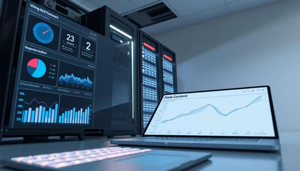 A focused, data-driven digital landscape with targeted content and SQL-powered insights. In the foreground, a sleek dashboard displaying visual analytics and segmented audience data. In the middle, a towering data server, its intricate circuits and glowing LEDs illuminating the scene. The background a minimalist, monochromatic backdrop, emphasizing the technological precision. Soft, directional lighting casts a professional, high-tech atmosphere, while a low camera angle suggests the power and potential of this data-driven marketing approach. Crisp, high-resolution rendering captures every nuanced detail, from the subtle reflections on the dashboard to the intricate patterns of the server casing.