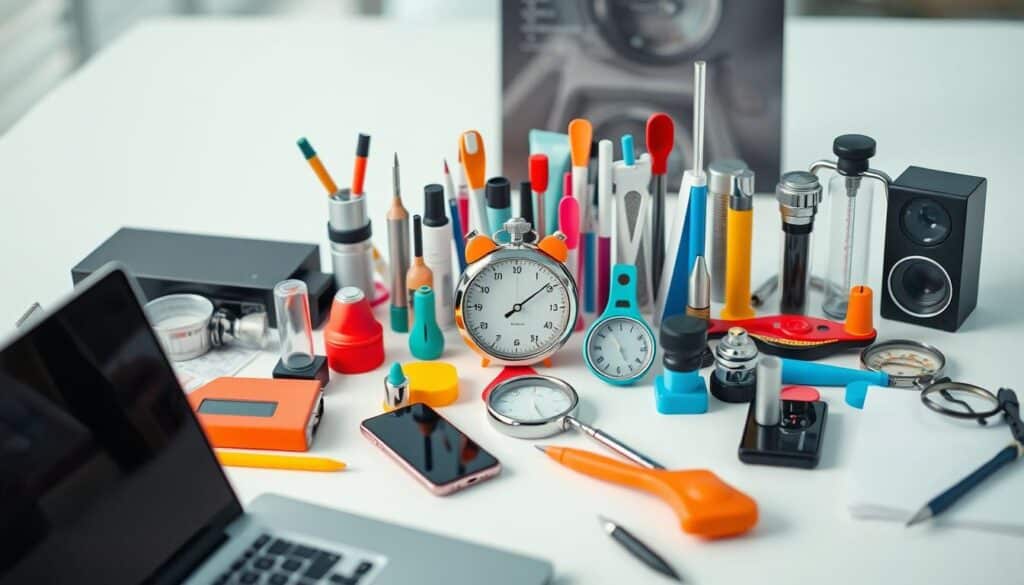 A high-resolution, detailed image of an assortment of software testing tools and instruments arranged neatly on a clean, minimalist workspace. The foreground features a variety of devices such as a laptop, tablet, smartphone, and other digital gadgets. The middle ground showcases an array of colorful, modern-looking tools like stopwatches, magnifying glasses, and other analytical equipment. The background has a subtle, blurred gradient to create depth and focus the viewer's attention on the testing tools. The overall scene conveys a sense of precision, efficiency, and a professional, data-driven approach to conducting A/B tests.