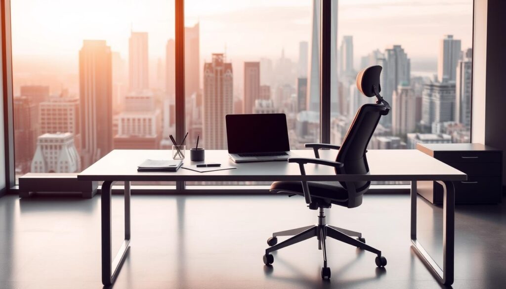 A modern, minimalist office setting with a sleek desk and ergonomic chair. On the desk, a laptop and various office supplies symbolizing the process of researching and evaluating CRM platforms. In the background, a large window overlooking a cityscape, with warm, diffused lighting filtering in. The overall mood is one of thoughtful contemplation and decision-making, inviting the viewer to consider the important factors in choosing the right CRM solution.