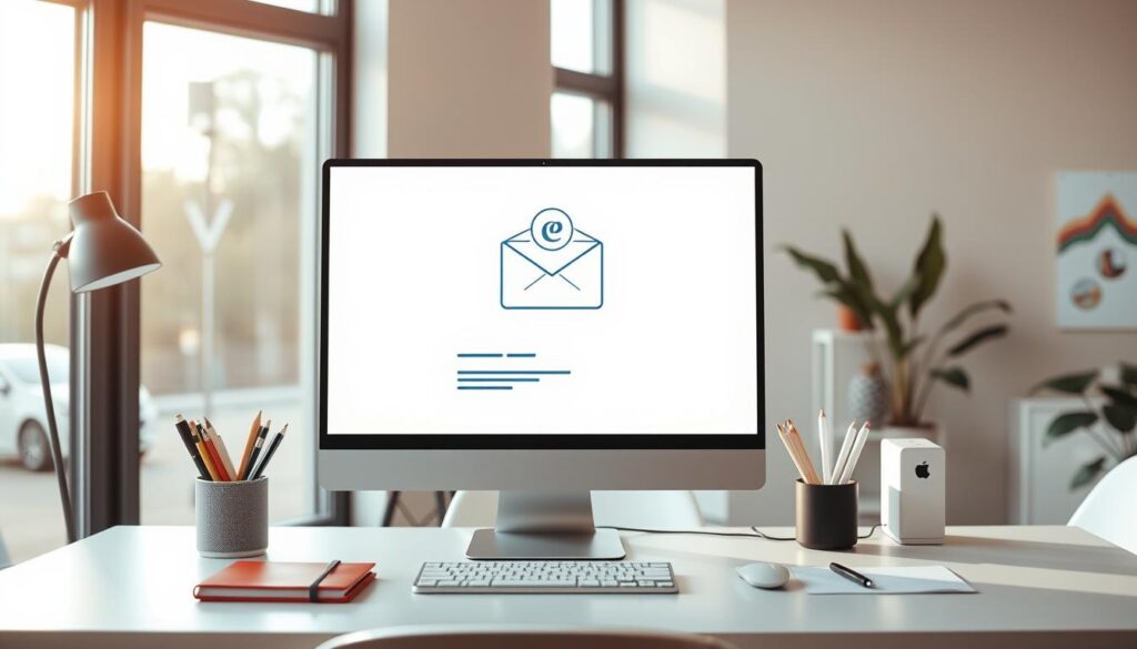 A modern, minimalist office workspace with a desktop computer, stylized email marketing platform user interface displayed on the monitor, surrounded by stationery items and office accessories. Natural lighting flows in through large windows, casting a warm, inviting glow. The composition emphasizes simplicity, functionality, and a sense of professionalism, reflecting the article's focus on effective email marketing strategies and platform selection.