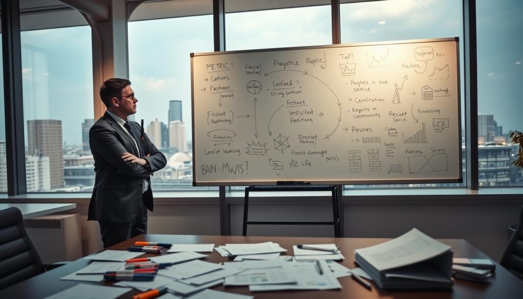 A modern office environment with a large whiteboard, markers, and papers scattered on the desk, representing the challenges of defining effective KPIs. Soft, warm lighting illuminates the scene, creating a contemplative atmosphere. In the foreground, a thoughtful executive stands, pen in hand, considering the various metrics and data points. The middle ground showcases the whiteboard, filled with half-erased ideas, arrows, and diagrams, symbolizing the complexities of KPI selection. In the background, a window provides a view of a bustling city skyline, hinting at the broader business context. The overall composition conveys the intellectual struggle and strategic decision-making involved in defining meaningful KPIs.