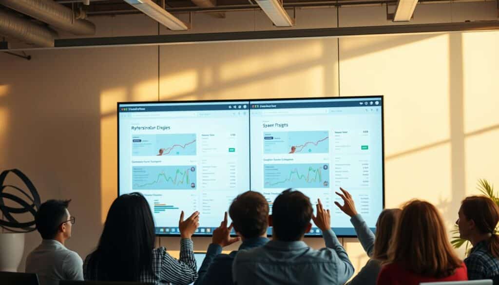 A serene office setting, with a large display showcasing the results of an A/B test. The screen is divided into two sides, showing distinct versions of a web page or app interface. The foreground features a team of analysts intently studying the data, gesturing towards the screen and deep in discussion. The background has a warm, natural lighting, creating a sense of productivity and focus. The overall atmosphere conveys the thrill of discovering insights through rigorous testing, as the team works to optimize the user experience for their customers.