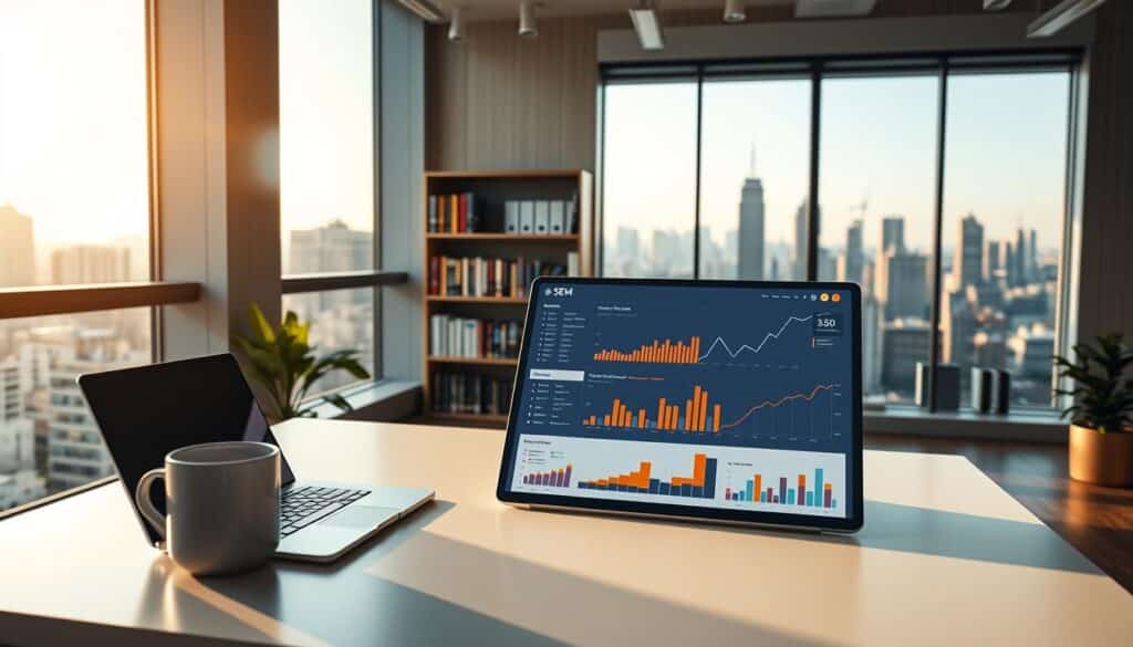 A serene, well-lit office space with a large window overlooking a bustling city skyline. In the foreground, a sleek, modern desk features a laptop, tablet, and coffee mug. On the desk, a dynamic, color-coded dashboard displays metrics and analytics, illustrating the integration of SEO (Search Engine Optimization) and SEM (Search Engine Marketing) strategies. The middle ground features a bookshelf filled with relevant marketing and digital strategy books, while the background showcases the cityscape, bathed in warm, natural lighting. The overall atmosphere is one of productivity, innovation, and a harmonious blend of organic and digital marketing approaches.