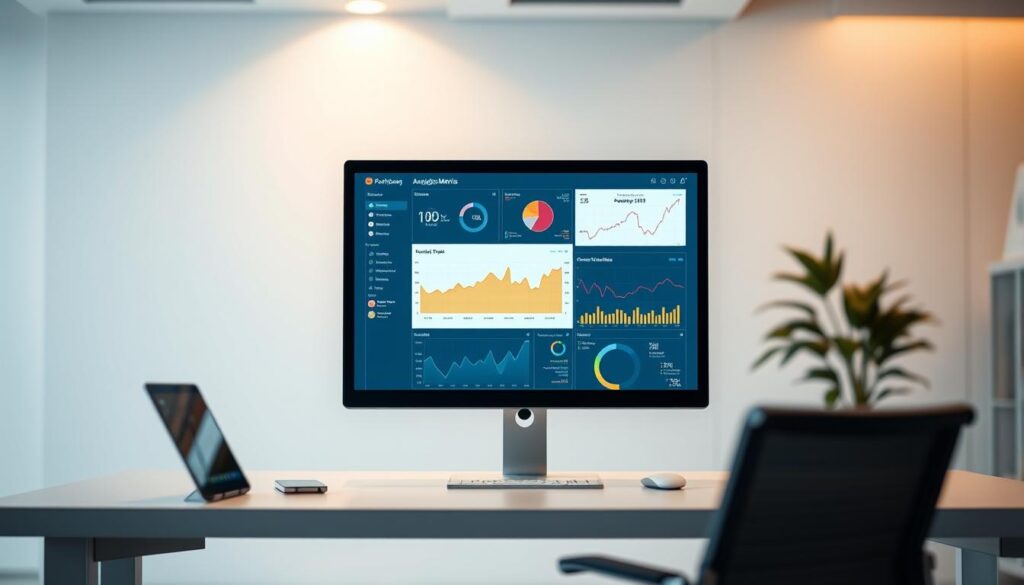 A sleek, modern office setting featuring a large computer monitor displaying performance metrics and analytics dashboards. The monitor is situated on a clean, minimalist desk, surrounded by a few other devices like a laptop and smartphone. Soft, directional lighting from above casts a warm glow, creating depth and highlighting the details. The background is blurred, creating a sense of focus on the central monitoring display. The overall mood is one of efficiency, productivity, and data-driven decision making.
