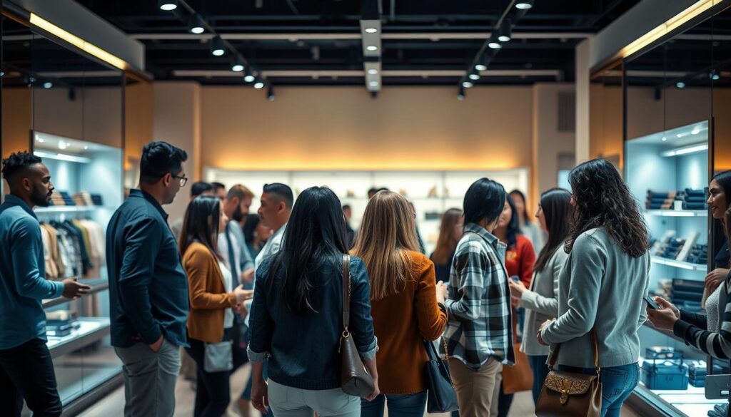 A vibrant and dynamic scene depicting the concept of "customer loyalty". In the foreground, a group of diverse customers engaged in lively interactions with attentive sales representatives. The middle ground showcases a sleek, modern retail environment with carefully curated product displays. In the background, a warm, inviting ambiance is created through subtle lighting and a muted color palette, conveying a sense of trust and loyalty. The overall composition emphasizes the importance of personalized customer service, effective communication, and the creation of a welcoming, memorable shopping experience that fosters long-term customer relationships.
