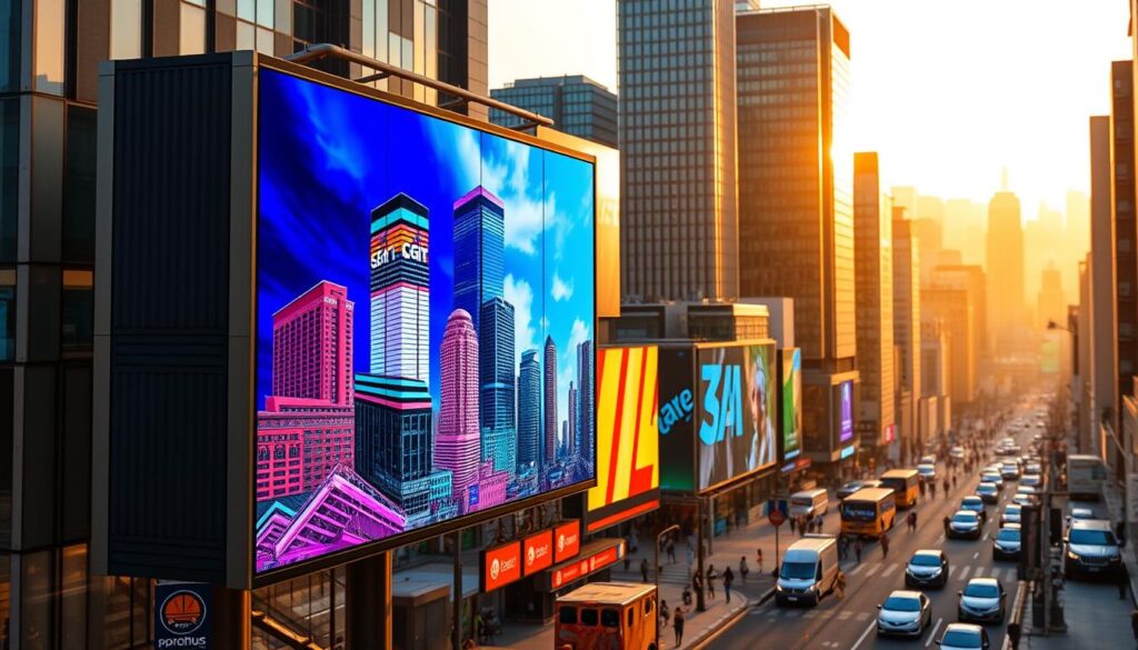 A vibrant digital billboard set against a dynamic urban backdrop, showcasing a diverse range of digital advertising formats. The foreground features a large, high-resolution screen displaying a captivating digital advertisement, with sleek typography, vibrant colors, and eye-catching visuals. The middle ground depicts a bustling city street, with skyscrapers, traffic, and pedestrians, all contributing to a sense of energy and commercial activity. The background is a panoramic view of the cityscape, bathed in warm, golden lighting, creating a visually striking and immersive scene that conveys the power and impact of digital advertising in the modern business landscape.