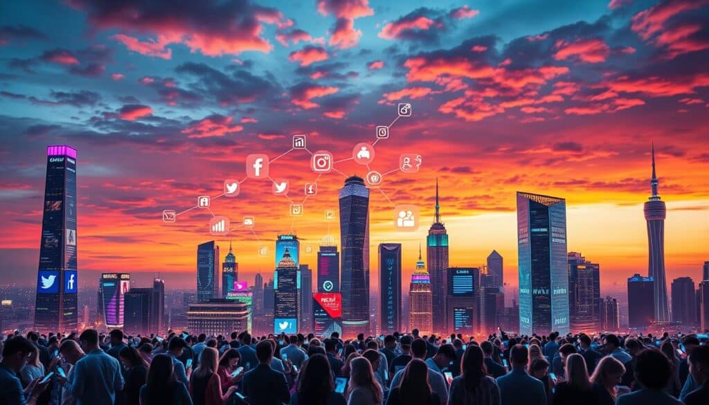 A vibrant digital landscape, with social media platforms represented as towering, neon-lit structures against a backdrop of a cityscape at dusk. The foreground features a diverse array of people, each engaged with their mobile devices, their faces illuminated by the glow of the screens. The middle ground showcases a variety of social media icons and logos, interwoven with data visualizations and information streams. The background is defined by a moody, atmospheric sky, with clouds tinged with warm hues of orange and pink, creating a sense of depth and dynamism. The overall scene conveys the ubiquity and importance of social media in the modern digital world, reflecting the article's focus on the role of social media in digital marketing.