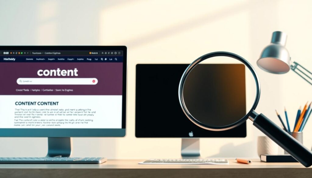 A vibrant, visually engaging illustration of "content optimization" showcasing various web design and SEO elements. The foreground features a desktop computer screen displaying a website with compelling content, optimized for search engines. In the middle ground, a magnifying glass symbolizes the process of scrutinizing and refining the content. The background depicts a minimalist, clean workspace with office supplies, hinting at the technical and methodical nature of content optimization. The lighting is soft and natural, creating a sense of professionalism and efficiency. The overall composition conveys the importance of crafting well-optimized, user-friendly content to improve a website's online visibility and performance.