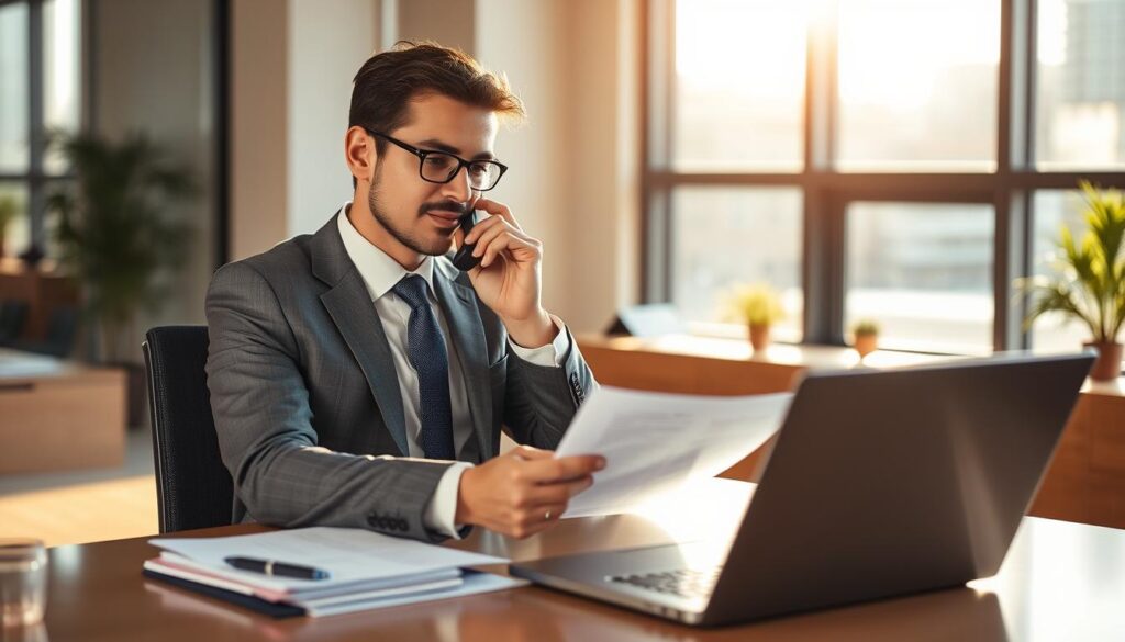 A well-dressed business person sitting at a desk, speaking on a phone and reviewing documents, with a laptop and office supplies on the desk. The scene is set in a modern, well-lit office with large windows in the background. The lighting is warm and natural, creating a professional and productive atmosphere. The angle is slightly angled to showcase the person's engaged expression and the dynamic nature of the post-sale follow-up process.